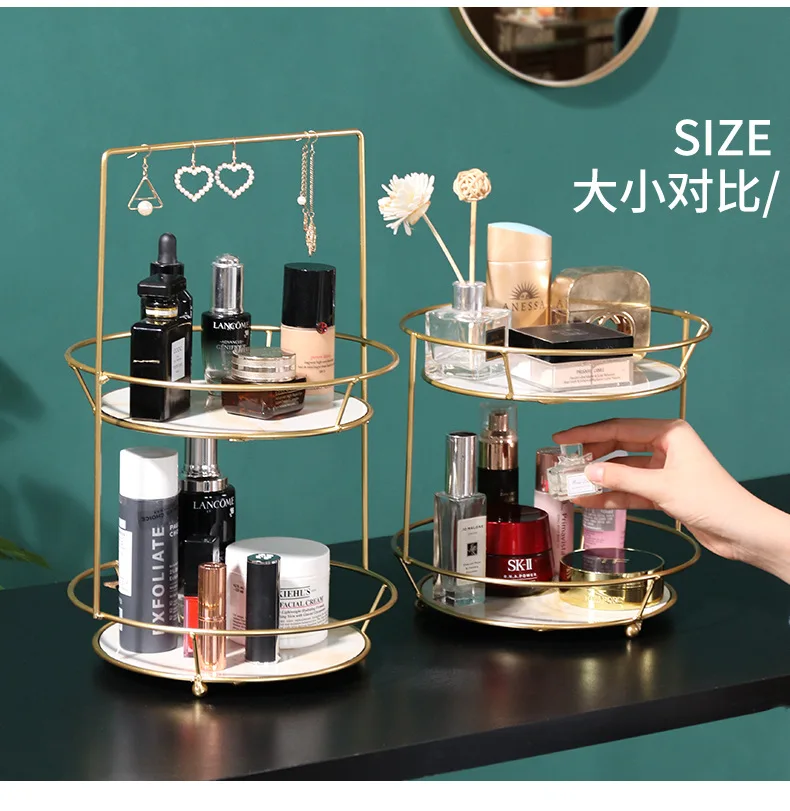 Gold Double-layer Storage Rack Shelf Cosmetic Storage Tray Room Necklace Earrings Jewelry Metal Jewelry Rack Round Storage Box