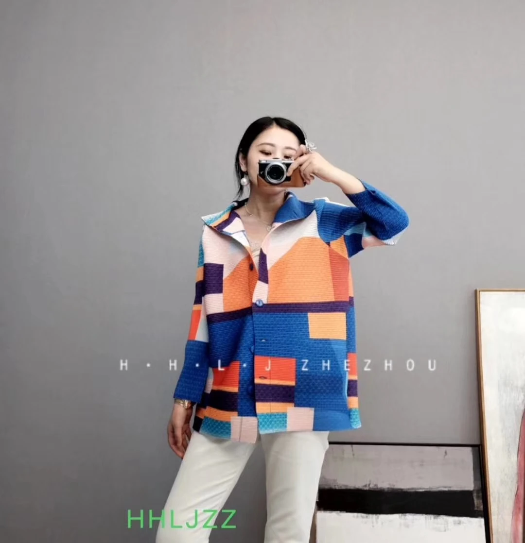 Модное однобортное пальто Miyake с отложным воротником и геометрическим принтом, с широкими рукавами-фонариками