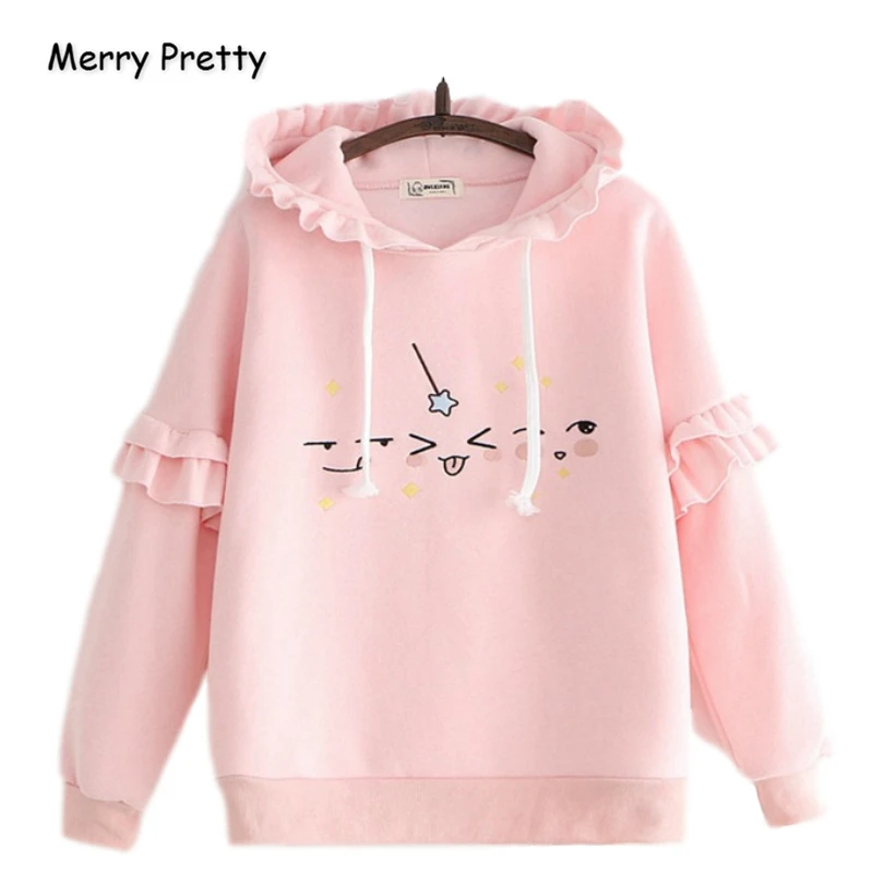 Merry Pretty женские толстовки с героями мультфильмов, с оборками, из кусков, свитшоты, зимний спортивный костюм с капюшоном и длинным рукавом, свободные пуловеры