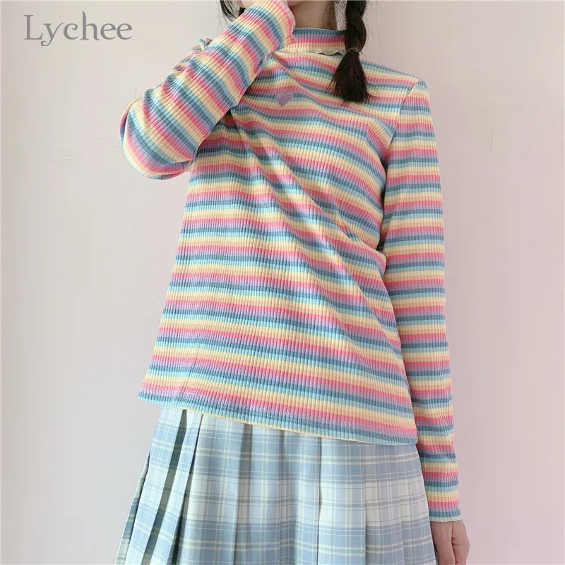 Lychee Harajuku радужная полоса сердце вышивка женская футболка водолазка пуловеры для девочек топы милые весенние женские футболки тройники