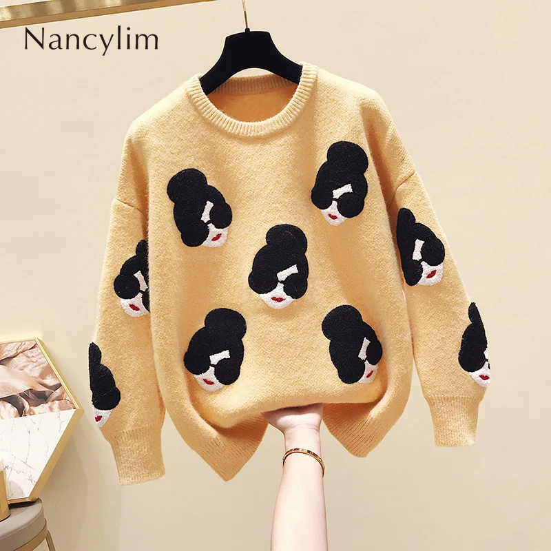 

New Lazy Wind Loose Pullover Sweaters for Girl Students Autumn Winter Warm Sweaters Funny Pull Coat Femme Jumper Knitwear