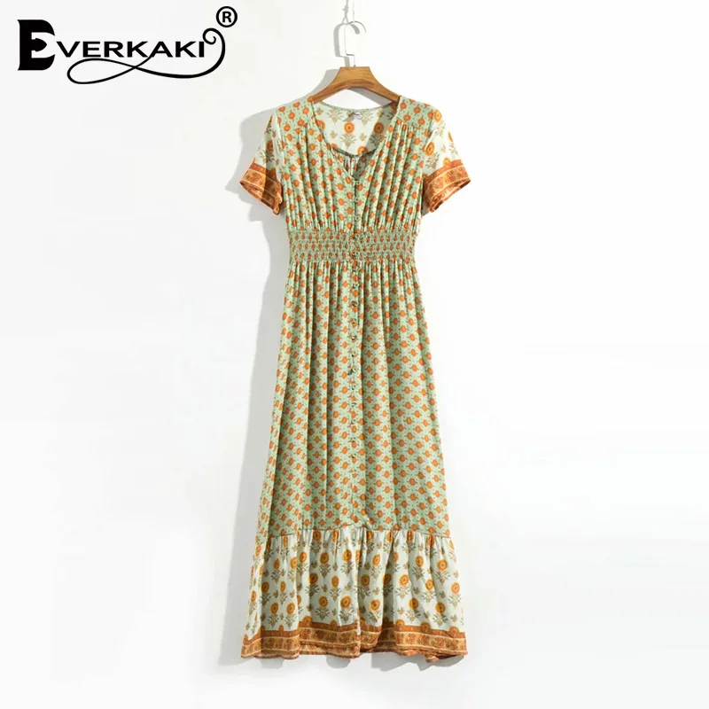 Green Everkaki Boho длинное женское платье с цветочным принтом, летние платья, свободные цыганские Женские винтажные макси платья, женские Осенние новые - Цвет: Green