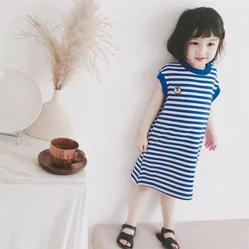 

Summer cute girl T-shirt dress sweet blue and white striped sleeveless dress navy style straight dress 2 to 6 years old