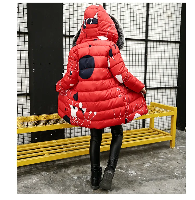 Winter Girls Hooded Coats Cotton-Padded Thick Warm Kids Jackets for Girls Long Style Prints Casual Children Outerwear Tops