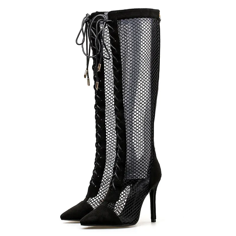 ElisabetTang Knee High Gladiator Sandals Boots Women Sexy Peep Toe Cut-out Gladiator Boots High Heel Summer Sandal Boots Martin