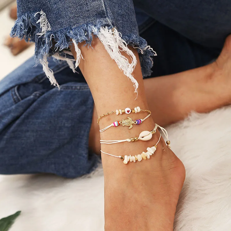 

Beach Stone beaded turtle multilayer anklet Bohemian shell foot bracelet bijoux femme accessories