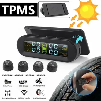

Universal Car TPMS Tire Pressure Monitoring System Wireless USB Solar Charge LCD Display 4 External Sensors For Car Security Ala