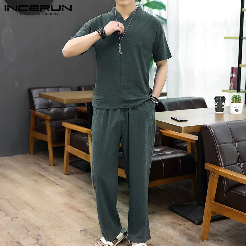 Mens Suit Men-Sets INCERUN Chinese-Style Pants Shirt Short-Sleeve Streetwear 2pieces