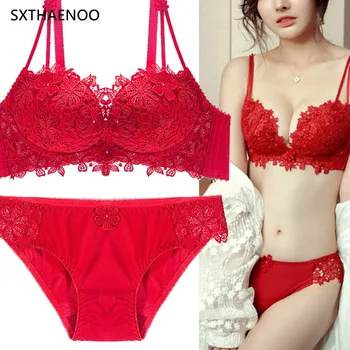 

SXTHAENOO French Woman Sexy Charming Lace Deep V bra set Without Steel Ring Simple Natural Small Chest Gathered Underwear Set