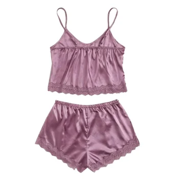 

Women's Sleepwear Sexy Satin Silk Lace Pajama Set V Neck Pyjamas Sleeveless Cute Cami Top Short pijama mujer