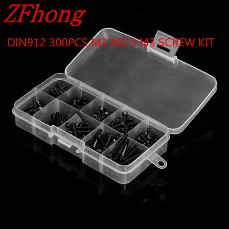 

300pcs DIN912 Black M2 M2.5 M3 Allen Bolt Hex Socket Cap Head Screw And Nut Assortment Kit Set