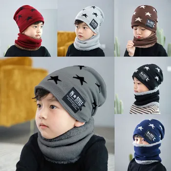 

New Baby hat Fleece Contrast Colors Knitted Warm Winter Cute Hats For Kid Hat+Scarf Two Piece Set & bonnet enfant