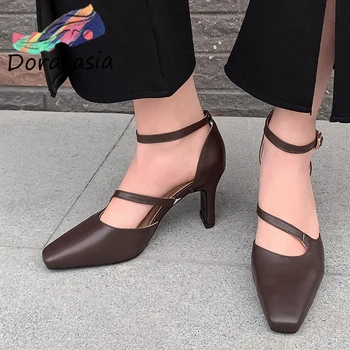 

DORATASIA Retro Girl Ankle Strap Square Toe Cover Heel Pumps Spring Pumps Women Solid Consise Fashion Casual Shoes Woman