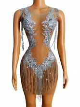 Autumn New Mesh deep-necked gem gem chain sleeveless dress ball dress