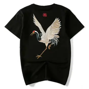 

Mens Pattern Embroidery T-Shirt Crane Tee Crane Black White Plus Size