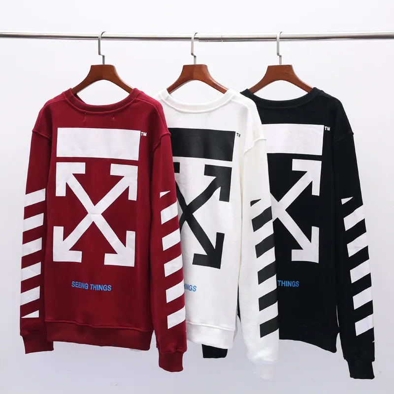 OFF-WHITE OW VIRGIL ABLOH trend свободная хип-хоп Уличная с длинным рукавом с круглым вырезом в полоску плюс бархатная мужская толстовка с капюшоном куртка