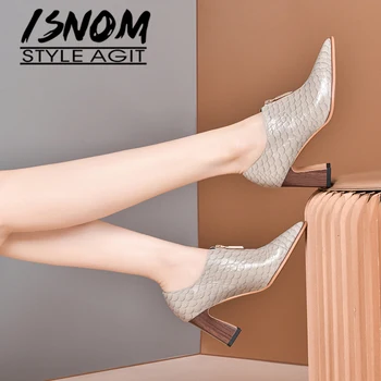 

ISNOM Fish Scale High Heels Shoes Pointed Toe Wood Heels Women Spring Shoes Gold Zipper Casual Women Shoes