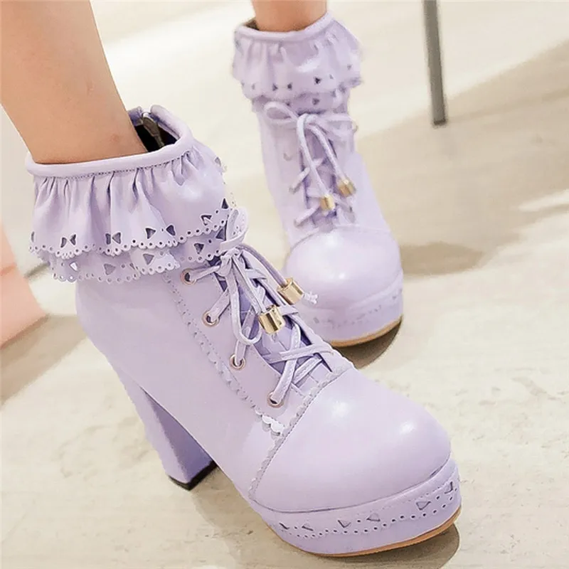 Botas Mujer/модные зимние ботильоны в стиле Лолиты на очень высоком каблуке с круглым носком и шнуровкой женские кожаные ботинки в стиле ретро;#5 - Цвет: PP