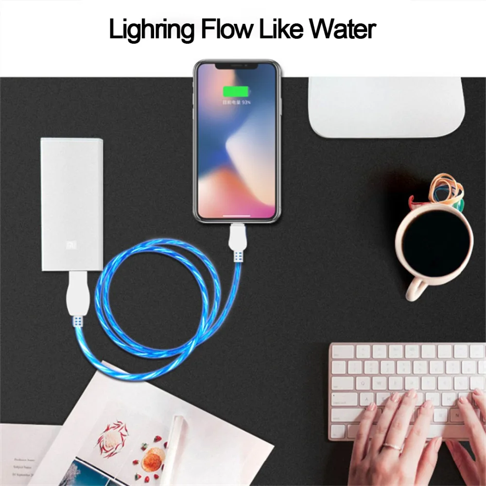 LED Glow Flowing Cable Fast Charging Adapter Micro USB Type C Lighting Cables For iPhone Android tpye c usb c Charger Data Cord