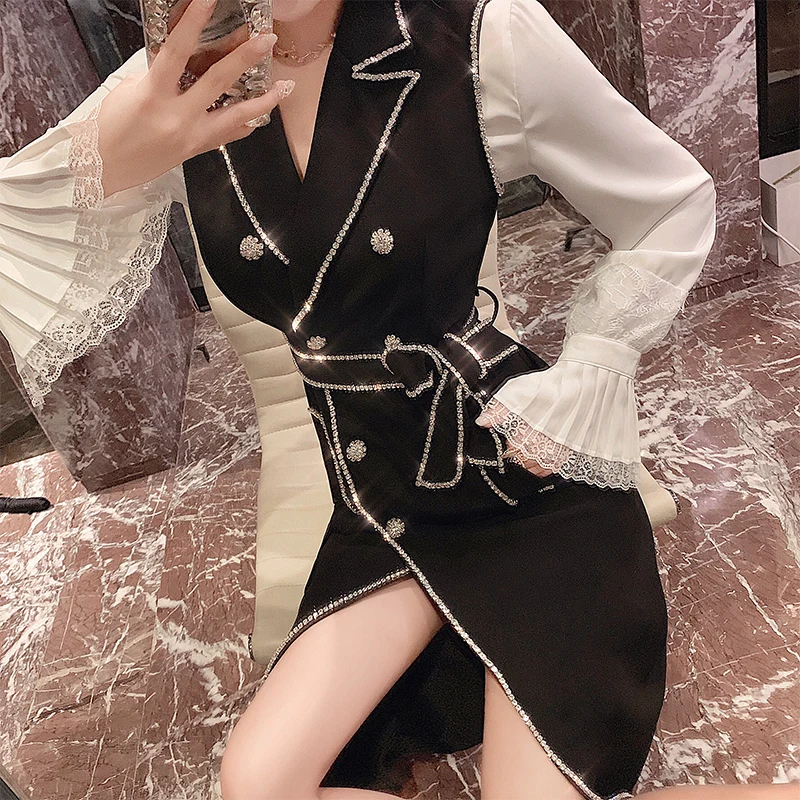 Fashion Autumn Celebrity Lady's Water Drilled Diamond Double-breasted Suit Dress Slim Shiny Women Blazer Dress