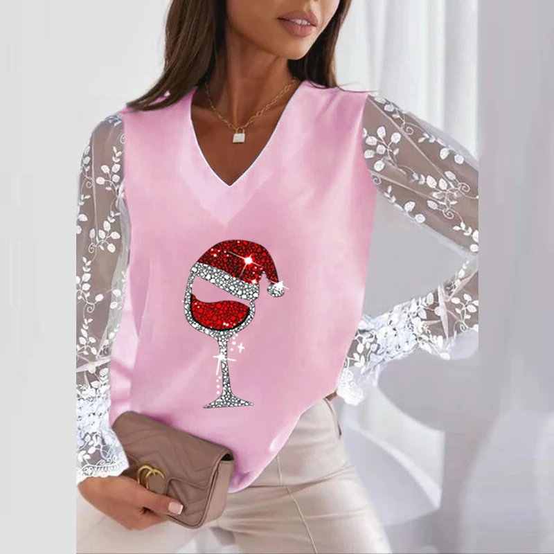 Casual Loose V Neck Women Christmas Tops Female Patchwork Sexy Long Sleeve Pullovers Streetwear Red Wine Glass Print Slim Blouse