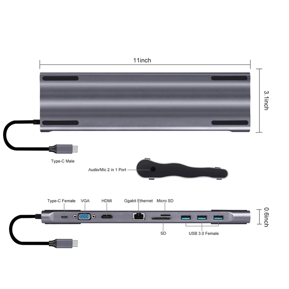 USB 3,0 10 в 1 USB C концентратор к HDMI 4K для Macbook Pro 3 порта USB C концентратор с концентратором 3,0 PD TF считыватель SD карт для ноутбука type C
