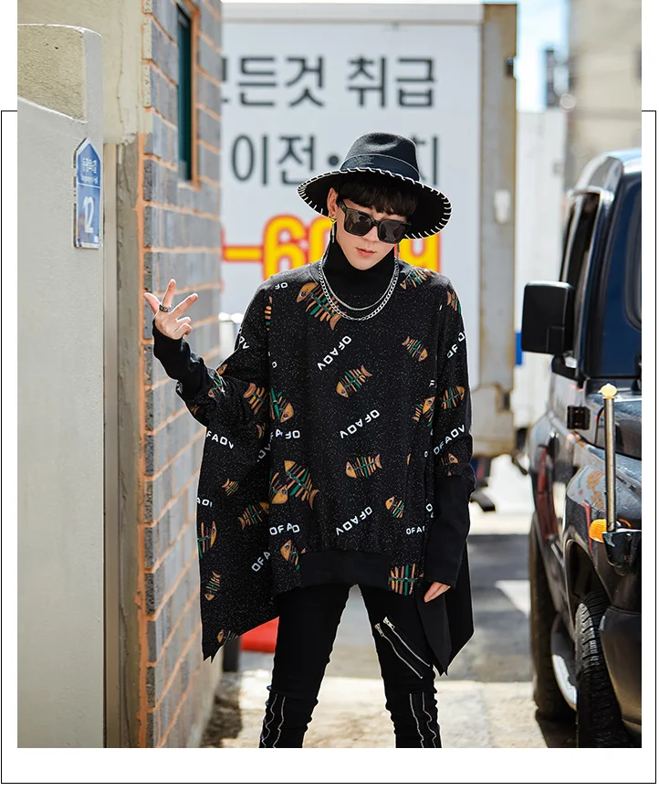 Spring and autumn loose high collar cape windbreaker men's trend printing casual jacket chic original bat sleeve cloak