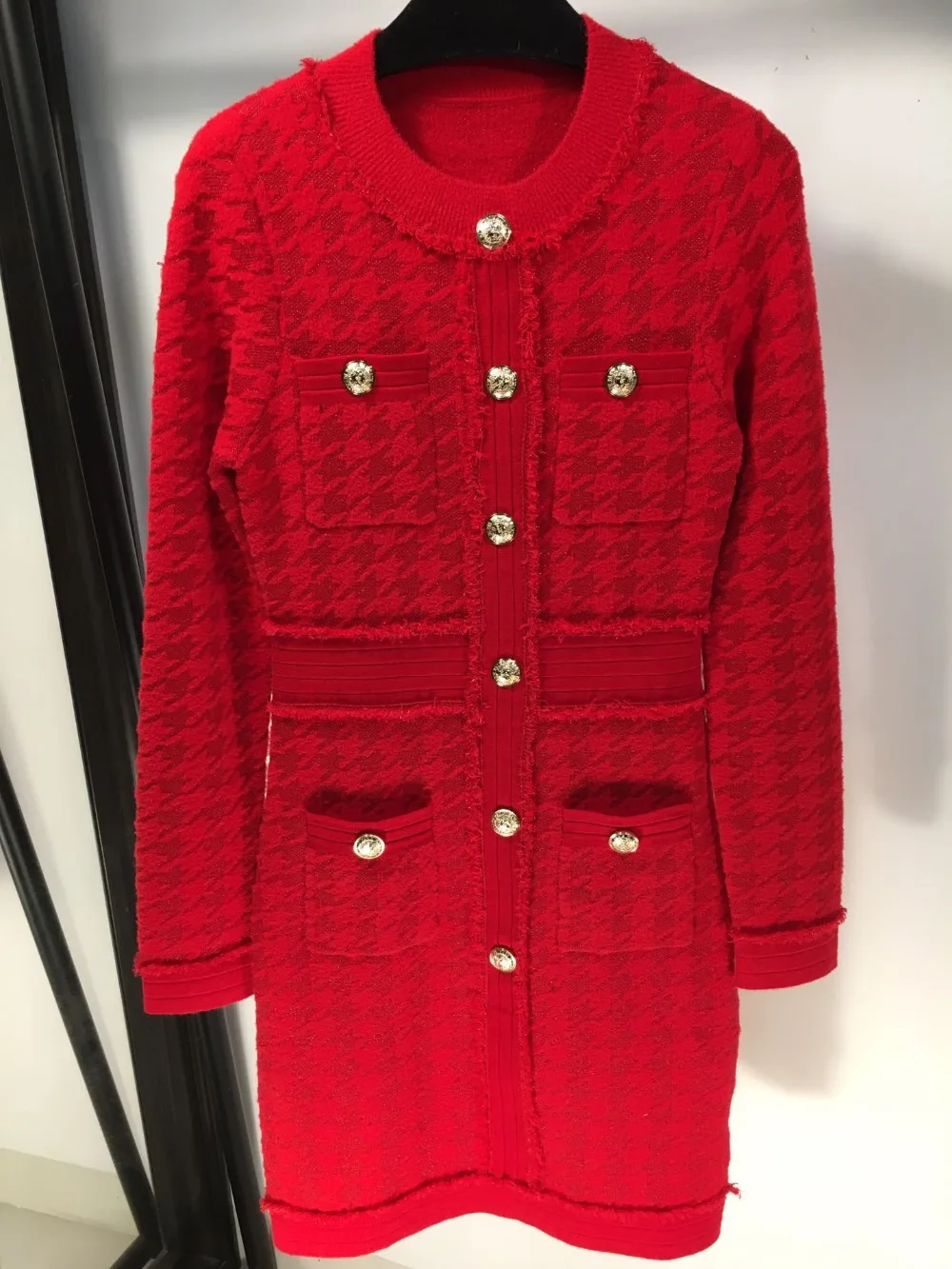 11.19 Early Autumn New O-neck long sleeve houndstooth knitted dress single breasted Tailored gold button fashion dress
