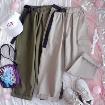 

Women Spring Cargo pants Loose Harajuku Student Young Girl Student Retro khaki High Waist Sweet Casual Nine pants College style