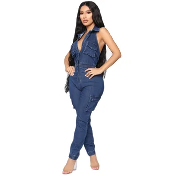 

2019 New Sexy Denim Jumpsuit For Women Sleeveless High Waist Open Back Open Jeans overalls Ladies Wide Leg Jumpsuit Pants W1153