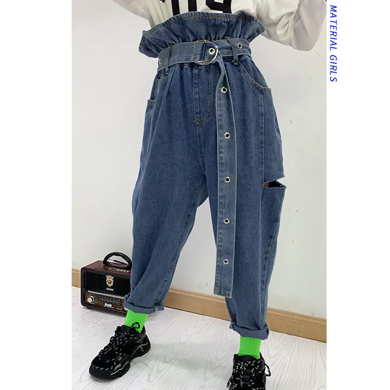 

Girls pants 2019 autumn new Korean version of loose foreign gas high waist hole jeans flower pants pants trousers