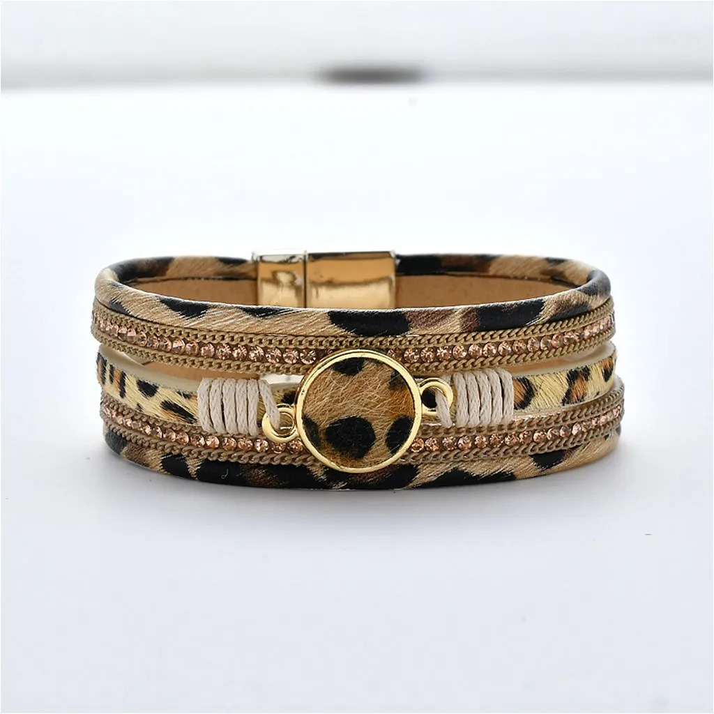 Women's Bracelets pulseras mujer moda erkek Fashion Trendy Magnetic Multilayer Leopard Ladies Leather Bracelet Jewelry Gift
