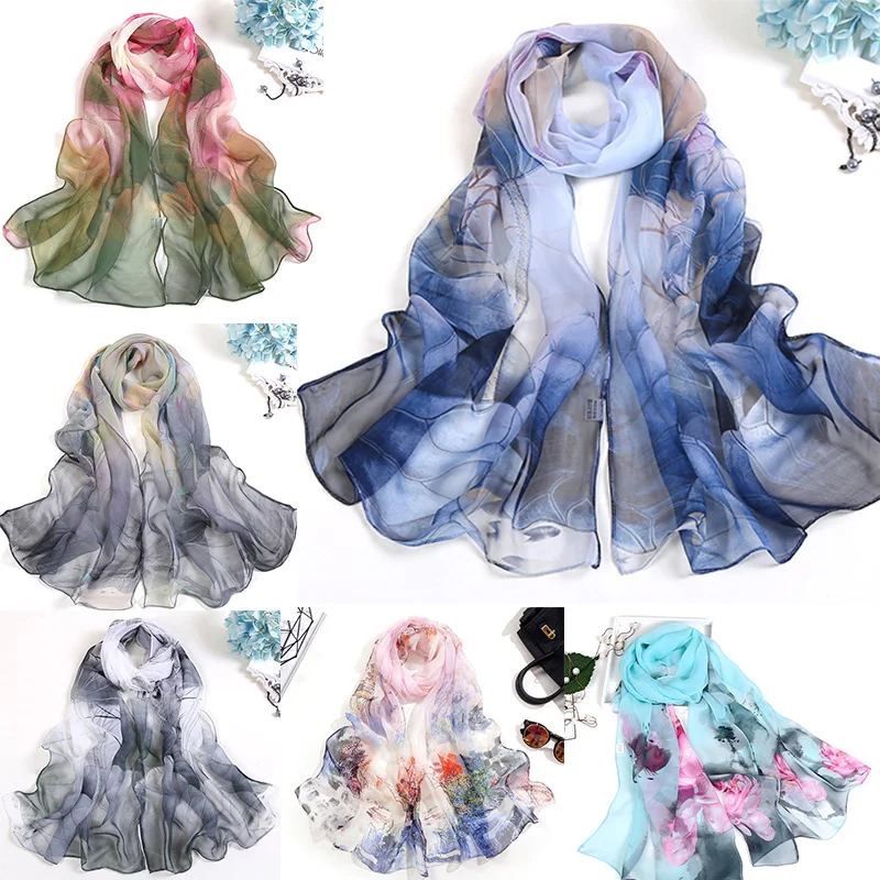 Women Scarf Summer Lotus Sunscreen Seaside Beach Thin Yarn Ink Painting Flower Plum Bossom