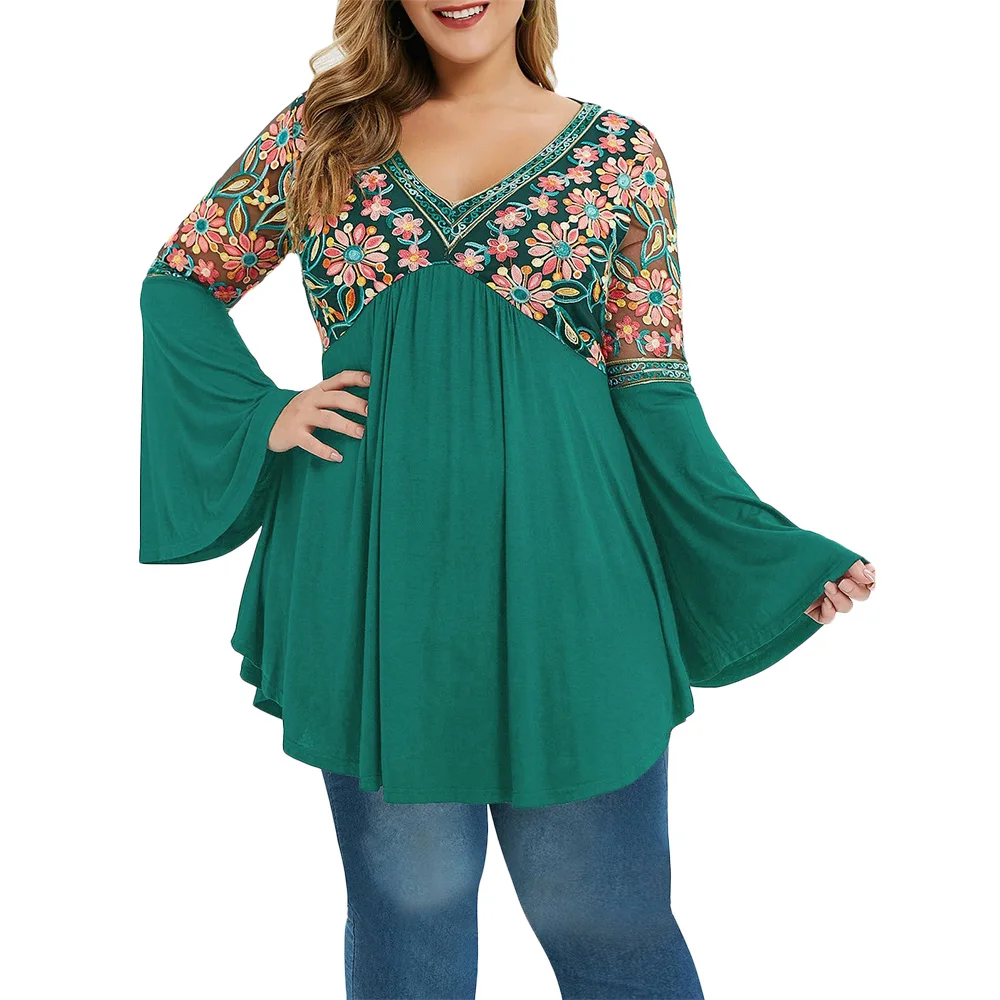 

6XL Women Plus Size Ruffle Blouses Floral Print Flare Sleeve Shirts Femme Autumn Casual Loose Ladies Tops camisa feminina D30