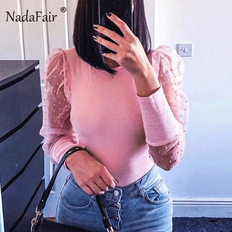 Nadafair, сексуальный боди с длинным рукавом, черный сетчатый боди для женщин, зимние облегающие боди, цельные Розовые боди для женщин