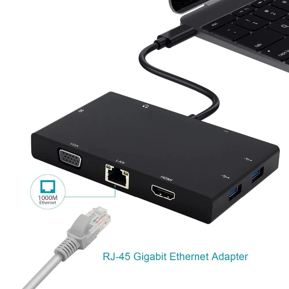 Thunderbolt 3 USB C концентратор 8 в 1 USB-C к HDMI VGA 1000 м Ethernet Rj45 адаптер SD кард-ридер 3,5 мм разъем type C PD для MacbooK Pro