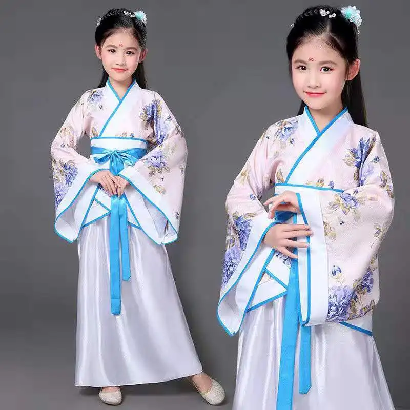 Детский традиционный костюм для китайских танцев, детское платье с длинными рукавами для девочек, детская одежда, Древний китайский стиль - Цвет: white