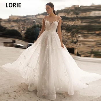 

LORIE Cap Sleeve Beach Wedding Dresses A-line Appliques Lace Wedding Bride Gowns illuison Back Princess Country Boho Gowns 2020