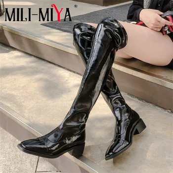 

MILI-MIYA Stretch Microfiber Shaft Women Cow Leather Over-The-Knee Boots Square Heels Slip-On Solid Color Size 34-42 Handmade