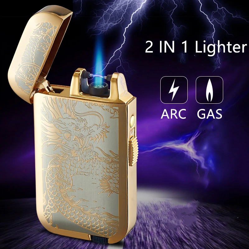 

New gas lighter refillable torch Windproof Electronic USB Recharge Plasma Arc Lighters 2 in 1 double flame Cigarette smoking HS8