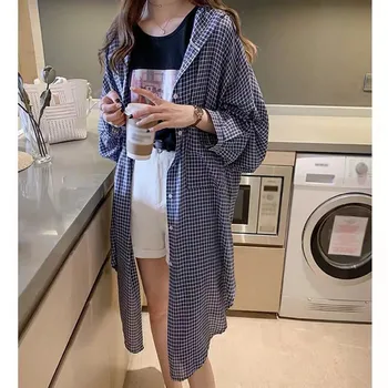 

Women Plaid Hooded Blouse Shirt Loose Simple Full Sleeve Shirts Korean Style Vintage Plaid Long Shirts Button Down Tops