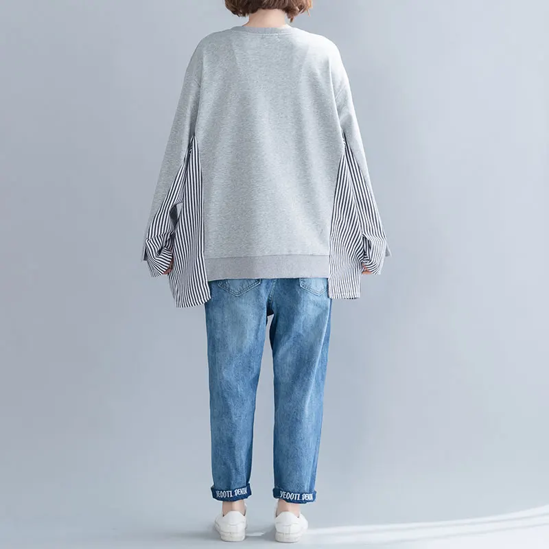 Большие размеры 4XL, Осень-зима, женские модные элегантные топы в полоску, женские топы, большие, большие, длинные, свободные, хлопковые, с карманами, толстовка