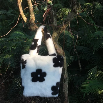 

plush cartoon handbags winter shoulder bag cute Flowers houndstooth pattern hand bag women solid color ladies bag tote gift bag