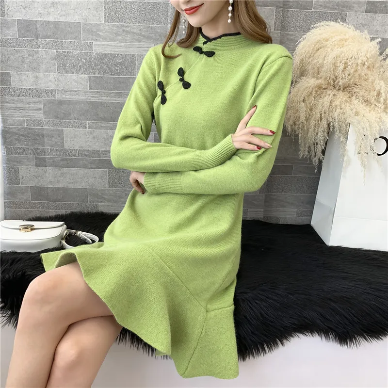 Женский осенний женский длинный свитер с диагональной пряжкой cheongsam с длинными рукавами женский свитер пуловер рыбий хвост