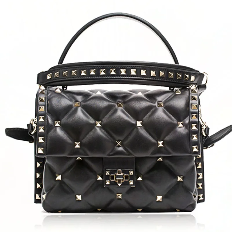 

2019 Spring Rivets Bag, Sheepskin Women's Bag Chain Slanting Shoulder Bag, Genuine Leather Tote Clutch, Diamond Lattice Handbags