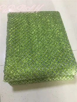 

Lemon Green Lace Material Hot Glued Glitter African Fabric for Evening Dress Dry Lace Fabric Mesh Sequin Fabric