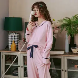 2019 осенние женские пижамы с v-образным вырезом, одноцветная Пижама, комплект из 2 предметов в Корейском стиле, милые пижамы Mujer, повседневная