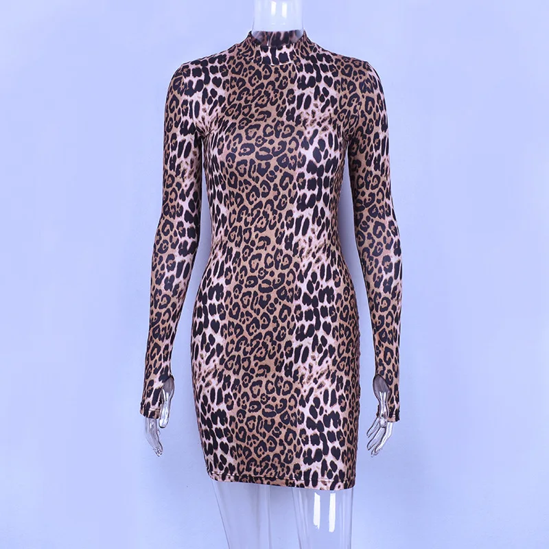 leopard print long sleeve high neck sexy bodycon mini dress 2020 autumn winter women fashion Christmas party clothes
