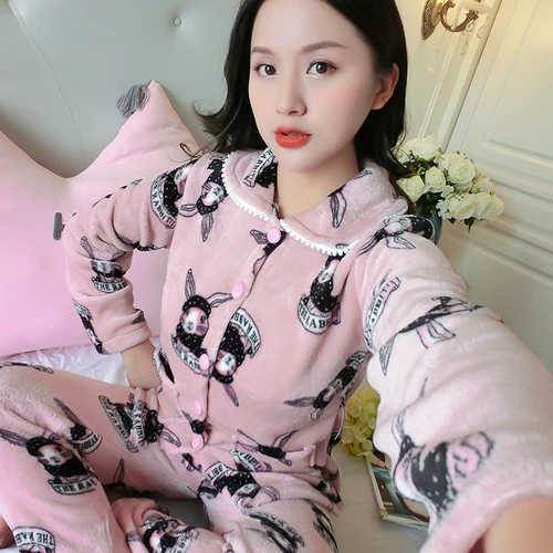 Лидер продаж, осенне-зимние женские утепленные фланелевые пижамные комплекты с отворотом, теплые пижамы с сердечками, ночная рубашка, комплект одежды для сна, домашняя одежда для отдыха - Цвет: R Q 813-4wei jin fen