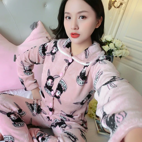 R Q 813-4wei jin fen Лидер продаж, осенне-зимние женские утепленные фланелевые пижамные комплекты с отворотом, теплые пижамы с сердечками, ночная рубашка, комплект одежды для сна, домашняя одежда для отдыха - Цвет: R Q 813-4wei jin fen